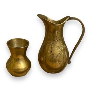Vintage 70s Miniature tiny Mid Century Modern brass etched pitchers / water jugs